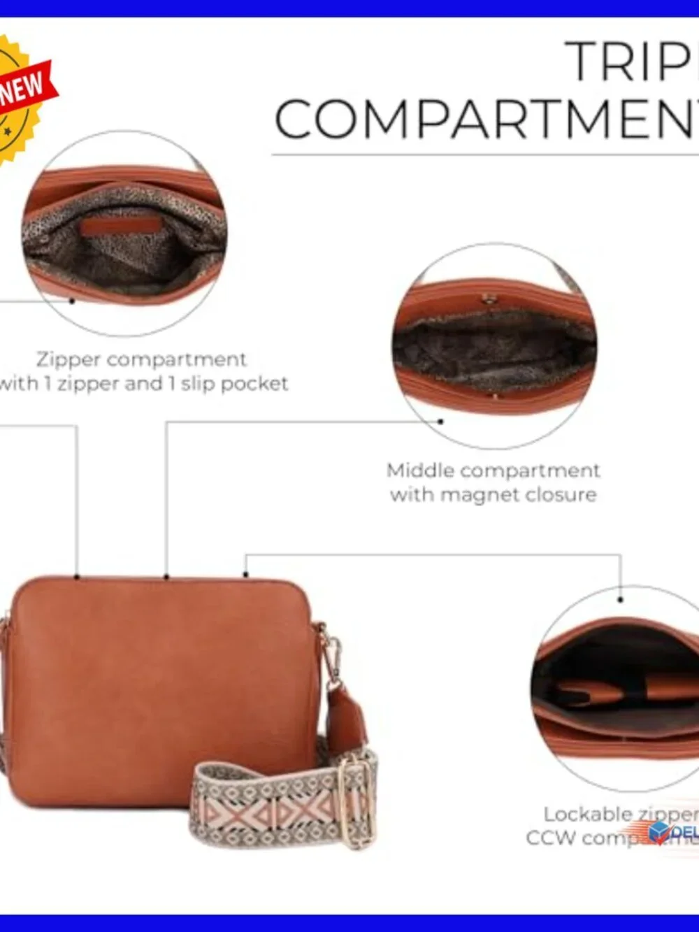 Lightweight Medium Crossbody Purse with Lockable Compartment & Guitar Strap
